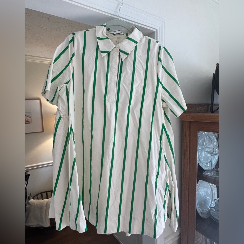 English Factory White Mini Dress with Green Vertical Stripes